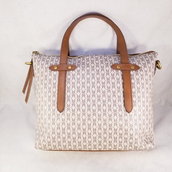 Fossil coated canvas logo brown beige hand bag purse - Picture 6 of 7